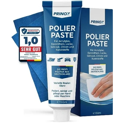 Abbildung von Prinox Polierpaste inkl. Profi Poliertuch I Politur (Politur für Acrylglas, Epoxidharz, Lacke, Gelcoat gfk, Chrom &amp; Kunststoffe), Entfernt Mattierungen Mikro Kratzer