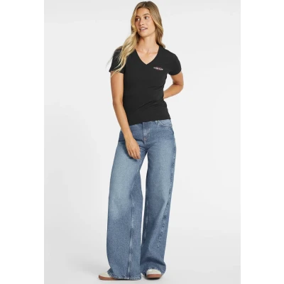 Abbildung von Guess Jeans CON Scollo A V American Tradition Tshirt basic, Damen, Größe: Small, Schwarz