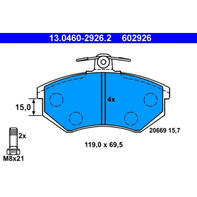Abbildung von ATE 13.0460 2926.2 Bremsbelagsatz exkl. Verschleißwarnkontakt mit Bremssattelschrauben AUDI: 90 B2, Coupe 80 B2