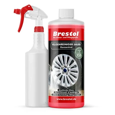 Abbildung von Brestol Felgenreiniger Konzentrat Set1 (1 Liter + Sprühkopf Leere 750 ml Flasche) für Alufelgen Stahlfelgen Autofelgen LKW Felgen Leichtmetallfelgen = 10 gebrauchsfertige Lösung
