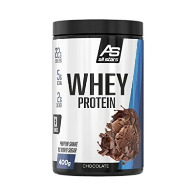 Abbildung von All Stars 100% Whey Protein 400g I Eiweiß Pulver mit Konzentrat &amp; Isolat leckeres Low Fat Powder hochwertiges cremiger Shake Chocolate Flavour