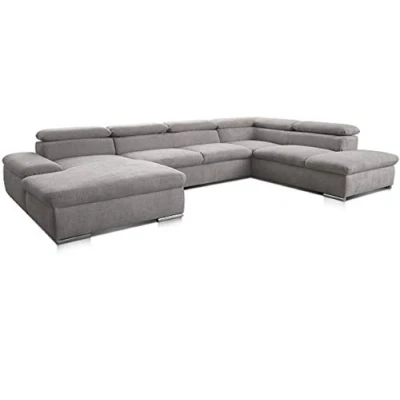 Abbildung von Cavadore Wohnlandschaft Alkatraz im modernen Design / U Form mit Longchair links und Ottomane rechts Inkl. Bettfunktion + Kopfteilverstellung 350 x 73 226 Hellgrau