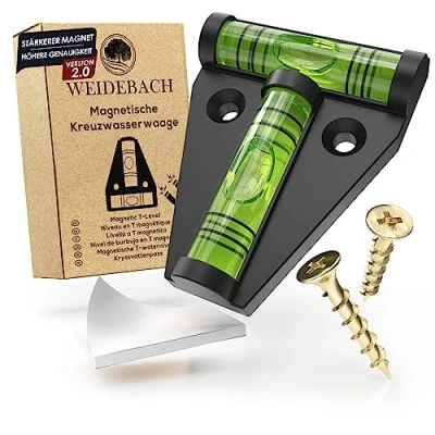 Abbildung von WEIDEBACH® 1x Robuste Wasserwaage klein, Magnetische Mini schwarz, Kleine bruchsicher, Camping Wasserwaage, Wohnmobil, Wohnwagen, Kreuzwasserwaage