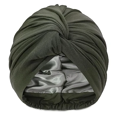 Abbildung von Hat Hut Silk Seidenhaube zum Schlafen Satin Turban für Frauen Bonnet Schlafmütze Locken Verstellbarer Kopf Wrap (Grün)