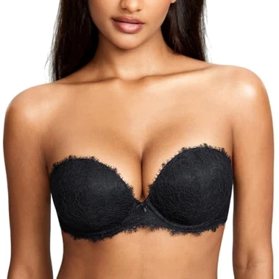 Abbildung von DOBREVA Damen Trägerloser Push Up BH Spitzen Tiefer Ausschnitt Bügel BHS Gepolsterter mit Abnehmbaren Trägern Schwarz 80C