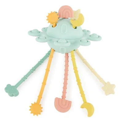 Abbildung von Bieco Silikon Activity Planet Eucalyptus Montessori Spielzeug Baby 1 Jahr UFO Motorikspielzeug Zugschnur ab Sensorik