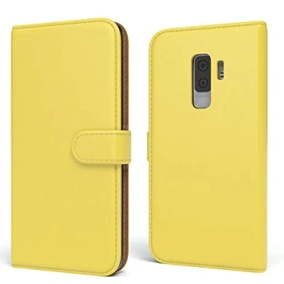 Abbildung von EAZY CASE Tasche kompatibel mit Samsung Galaxy S9 Plus Schutzhülle Standfunktion Klapphülle Bookstyle, Handytasche Handyhülle Magnetverschluss und Kartenfach, Kunstleder, Gelb