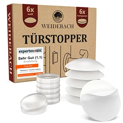 Abbildung von WEIDEBACH® 12x dezente Türpuffer mixed weiß &amp; transparent, Türstopper wand selbstklebend 20x5 mm / 40x8mm, Elastikpuffer für Bad, Möbel, Wände, Gummistopper, Puffer
