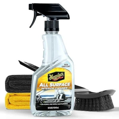 Abbildung von Auto Innenraum Reiniger Set Meguiar&#039;s All Surface Interior Cleaner + Teppich Reinigungsbürste 2X Mikrofasertuch Innenraumreiniger geeignet für Kunststoff Leder Polster