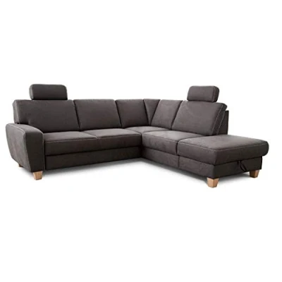 Abbildung von Cavadore Ecksofa Wisconsin mit Federkern / Landhaus Sofa 2 Kopfstützen Landhausstil Holzfüße in Buche Mikrofaser Lederoptik Größe: 248 x 88 215 cm (BxHxT) Farbe: Dunkelgrau