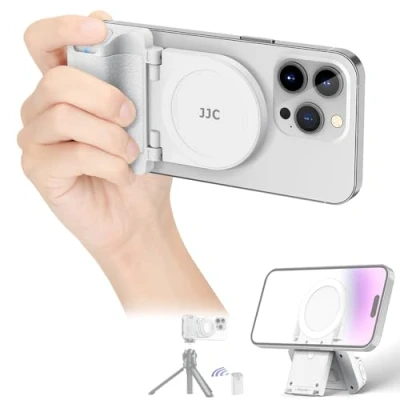 Abbildung von JJC Magsafe Magnetischer Handy Handgirp mit Bluetooth Fernbedienung, Foto Griff für iPhone, Android Smartphones, Schreibtisch Telefonständer und Stativ Halterungsadapter, Weiß