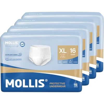 Abbildung von MOLLIS Inkontinenz Pants Erwachsene, Saugfähige Windelhosen für Männer und Frauen, Atmungsaktive Einweghosen, Optimaler Auslaufschutz über Nacht, Unisex, Größe XL, 64 Stück