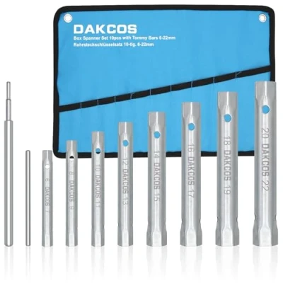 Abbildung von DAKOCS Rohrsteckschlüsselsatz 10 tlg. Metrisch 6x7mm 20x22mm inkl. Drehdorn, mattiert, in Rolltasche für Spüle, Wasserhahn Installation und Reparatur