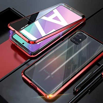 Abbildung von HaptiCase Schutzhülle für Samsung Galaxy A71, magnetisch, stoßfest, doppelseitig transparent, Hartglas, aus Aluminium, Metallrahmen, 360 Grad Schutz, Rot
