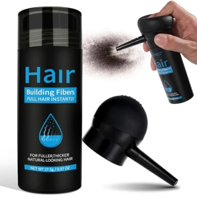 Abbildung von Streuhaar zur Haarverdichtung 27.5G Schütthaar Ansatzpuder Haar Concealer für Frauen und Männer, Wasserfestes Kaschiert Haarausfall Haarpuder (Dunkelbraun mit Düse)