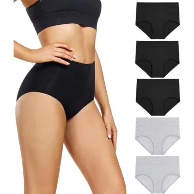 Abbildung von wirarpa Damen Unterhosen Baumwolle Slips Hoher Taille Atmungsaktive Taillenslip Wochenbett Unterwäsche Mehrpack Größen 32 58, 3schwarz, 2grau 5er Pack, X Small(32/34)
