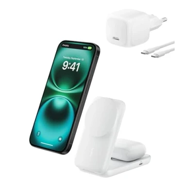 Abbildung von Belkin Ladestation Apple Watch und iPhone, 25W, 2 in 1 Qi2 Ladegerät MagSafe kompatibel, Wireless Charger für iPhone 16, AirPods, induktive mit USB C Anschluss 45 W Adapter Weiß