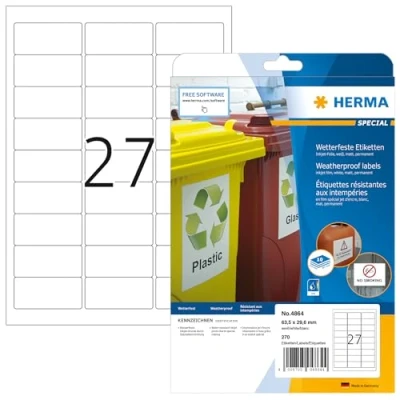 Abbildung von HERMA 4864 Wetterfeste Folienetiketten für Inkjet Drucker, 10 Blatt, 63,5 x 29,6 mm, 27 pro A4 Bogen, 270 Stück, selbstklebend, bedruckbar, matt, Klebeetiketten Aufkleber Tintenstrahldrucker, weiß