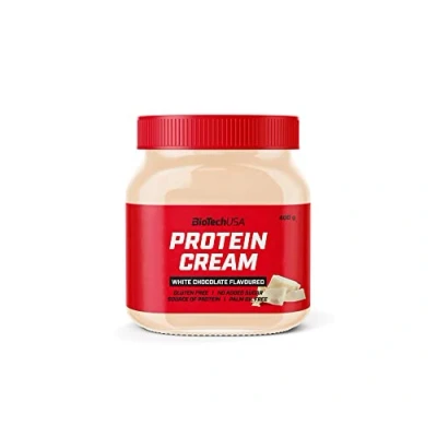 Abbildung von BioTechUSA Protein Cream Molkenproteinhaltiger Aufstrich mit knusprigem Getreide glutenfrei palmölfrei, 400 g, WeißeSchokolade