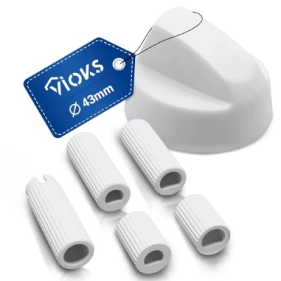 Abbildung von VIOKS Drehknopf Herd Universal 43mmØ Knebel Weiß mit 5 Adaptern Zubehör aus Kunststoff Knöpfe &amp; Schalter für Backöfen Herde
