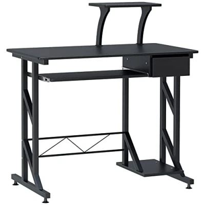 Abbildung von HOMCOM Computertisch Arbeitstisch mit Regalen und Schubladen Schreibtisch Bürotisch Platzsparend stabil Metall MDF Schwarz 90 x 50 95 cm