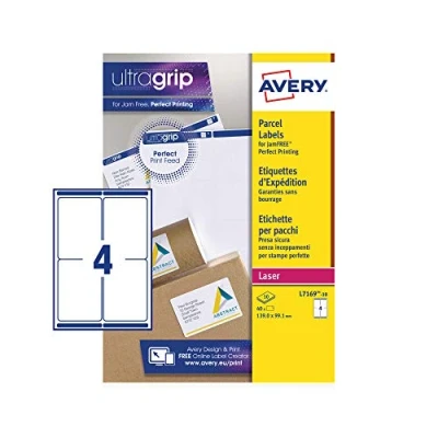 Abbildung von Avery Selbstklebende Adress Versand Etiketten, Laserdrucker, 4 Etiketten pro A4 Blatt, 40 UltraGrip (L7169), Weiß, 139 x 99,1 mm
