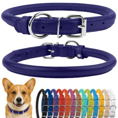 Abbildung von CollarDirect Rundes Leder Hundehalsband, weich gepolstert gerollt, handgefertigtes Echtleder Halsband für Hund Welpe Katze Klein Groß Schwarz Rosa Rot Lila Blau