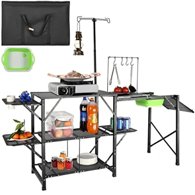 Abbildung von VEVOR Camping Küchentisch mit Spüle, Aluminium, faltbar, tragbar, Outdoor Kochstation, 2 Regale und Tragetasche für Picknick, Grillen, Strand, Reisen
