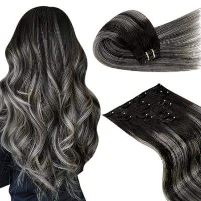 Abbildung von LaaVoo Ombre Clip in Extensions Remy Haarverlängerung Echthaar Balayage Schwarz Silber 7Stück/105g Doppelt Tressen 40cm