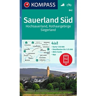 Abbildung von KOMPASS Wanderkarte 842 Sauerland Süd, Hochsauerland, Rothaargebirge, Siegerland 1:50.000: 4in1 Wanderkarte, mit Aktiv Guide und Detailkarten ... Verwendung in der App. Fahrradfahren.