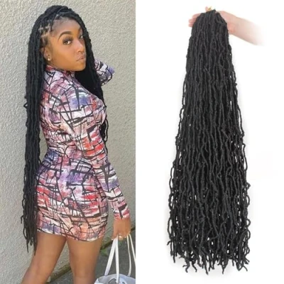 Abbildung von Faux Locs Crochet Hair Kanekalon Kunsthaar Braids Extensions Zum Einflechten Fake Haarverlängerung Set (60.9CM （Pack of 7), #1B)