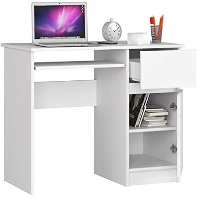 Abbildung von Home Collective Computertisch Schreibtisch Bürotisch Gaming Tisch mit ausziehbarer Tastaturablage, 1 Schublade und Tür rechts 90 x 50 77 cm, weiß