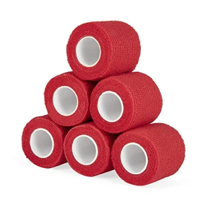 Abbildung von Haftbandage Verband Selbstklebender 5cm x 4,5m, 6 Rollen Fixierbinde Selbsthaftend Kohäsive Bandage für Erste Hilfe Dog Tierarztwickelband Sport Elastische Binde Handgelenk, Füße (Rot)