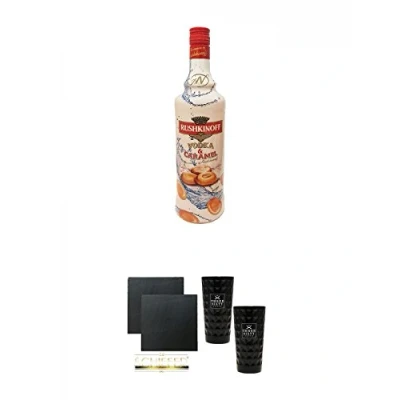 Abbildung von Rushkinoff Vodka &amp; Caramel 0,7 Liter + Schiefer Glasuntersetzer eckig ca. 9,5 cm Ø 2 Stück Three Sixty black Glas (black)