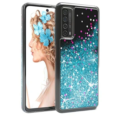 Abbildung von EAZY CASE Hülle kompatibel mit Huawei P Smart 2021 / Y7a Schutzhülle Flüssig Glitzer, Handyhülle, Schutzhülle, Back Cover Glitter Flüssigkeit, TPU/Silikon, Transparent/Durchsichtig, Blau