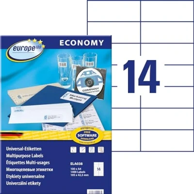 Abbildung von Europe100 Art. ELA038 Adressaufkleber (1.400 Klebeetiketten, 105x42,3mm auf A4, Papier matt, individuell bedruckbar, selbstklebende Adressetiketten, kompatibel zu AVERY 3653) 100 Blatt, weiß