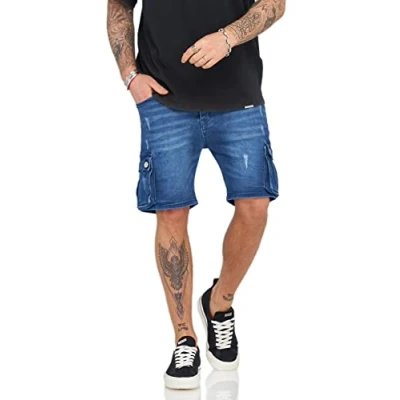 Abbildung von Soulstar Herren Cargo Jeans Shorts Kurze Hose Destroyed Bermuda Blau W31