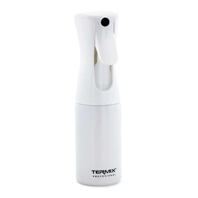 Abbildung von Termix Friseursprühflasche. Sprühflasche mit Nebeleffekt, der die richtige Produktmenge ausstößt. Farbe: Weiß, Botella Spray Pulverizadora Blanca 200 ml