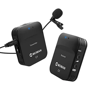 Abbildung von Moman C1 Lavalier Funkmikrofon, 2.4Ghx Kabellos Ansteckmikrofon System Wireless Microphone Mics, 70m Reichweite, Echtzeit Überwachung für Interview Kamera DSLR Canon Sony Nikon Panasonic
