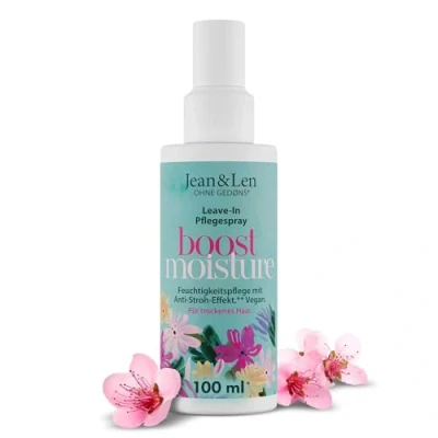 Abbildung von Jean &amp; Len Boost Moisture Leave In Pflegespray, für trockenes Haar, mit Anti Stroh Effekt, Haarpflege, Aloe Vera, glänzendes ohne Parabene Silikone, vegan, 100 ml