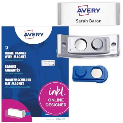 Abbildung von Badgepoint polar30 Namensschilder (70x30mm, 5 Schilder mit Magnet, verdrehsicher, Druckbogen für Namenskarten und Vorlagen zum Bedrucken, magnetische Kleidung) edelstahl matt