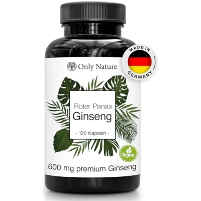 Abbildung von Only Nature® Ginseng 600 mg Extra Hochdosiert (120 Ginsenoside) 120 Kapseln 100% Vegan in Deutschland produziert &amp; Laborgeprüft Roter Panax