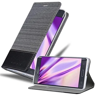 Abbildung von Cadorabo Hülle kompatibel mit Samsung Galaxy Note Edge aus Jeans und Kunst Leder Flip Klappbare Stoßfeste Magnetische [Standfunktion] [Kartenfächern] Cover für Tasche in Grau