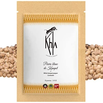 Abbildung von Khla Kampot Pfeffer Weiß Bio 70g Weißer Pfefferkörner Ganz Biologisch Grand Cru, Stark &amp; Kräftig Zutat Küchen Direkt vom Erzeuger Weiße Körner Ganze für Mühle Herkunft Kambodscha
