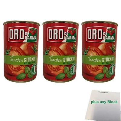 Abbildung von Oro di Parma stückige Tomaten mit Basilikum 3er Pack (3x 400g) + usy Block