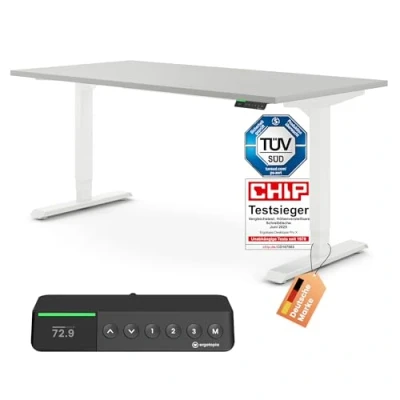 Abbildung von Ergotopia Desktopia Pro x Elektrisch höhenverstellbarer Schreibtisch, Ergonomischer Stehtisch für Büro oder Home Office (Grau, Gestell Weiß, 180 80 cm)
