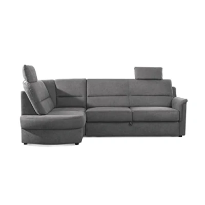 Abbildung von Cavadore Ecksofa Paris mit Federkern / Kleines L Sofa Vorziehsitz, Bettkasten und Ottomane inkl. 2 Kopfstützen 243 x 112 155 Grau