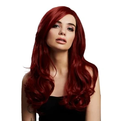 Abbildung von Smiffys Fever Khloe Perücke, einfarbig, Rubinrot, Lange Wellen, Mittelscheitel, 56cm/22in