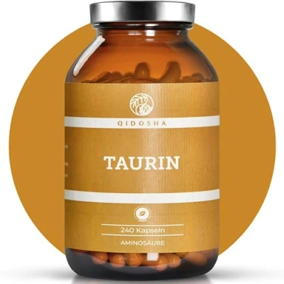Abbildung von QIDOSHA® Taurin Kapseln hochdosiert, 240 Stk im Apothekerglas, 2000mg je Tagesportion, 1000mg Kapsel, deutsche Fertigung, jede Charge laborgeprüft