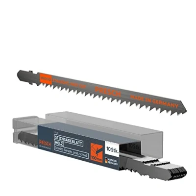 Abbildung von Presch Stichsägeblätter Holz 10 Stk. (Lang) Extrem schneller, gerader Schnitt (5 100mm) Profi Stichsägeblatt Set T Schaft für jede Stichsäge Sägeblätter Küchenarbeitsplatten uvm.
